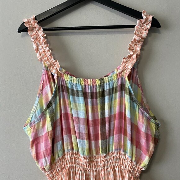 Handmade Plus Size Cotton Linen Pink Peach White Elastic Straps Dress - Picture 4 of 13